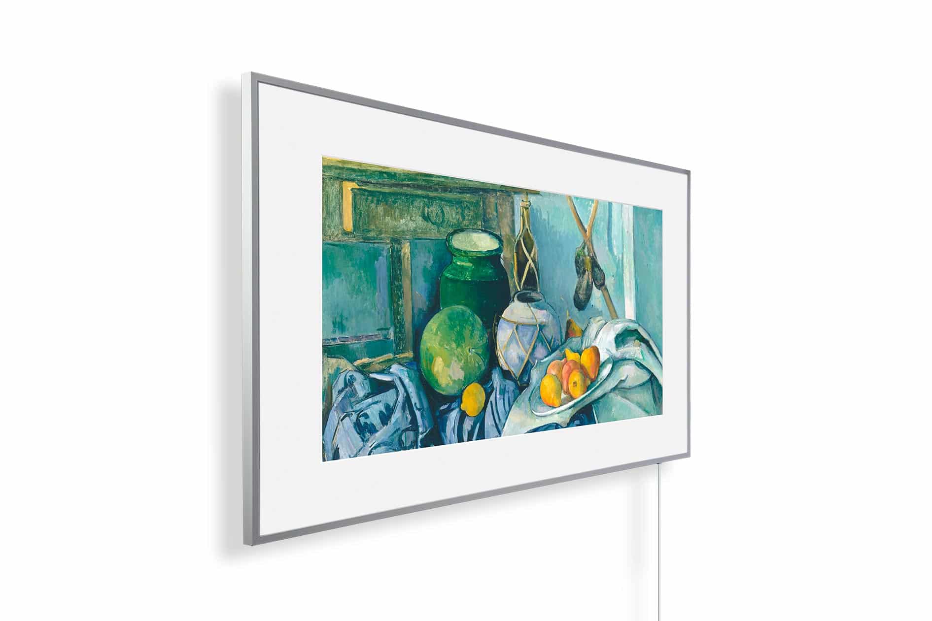 Nog levend met een gemberpot en aubergines, geschilderd door Paul Cezanne, infraroodverwarming zoals in een museum