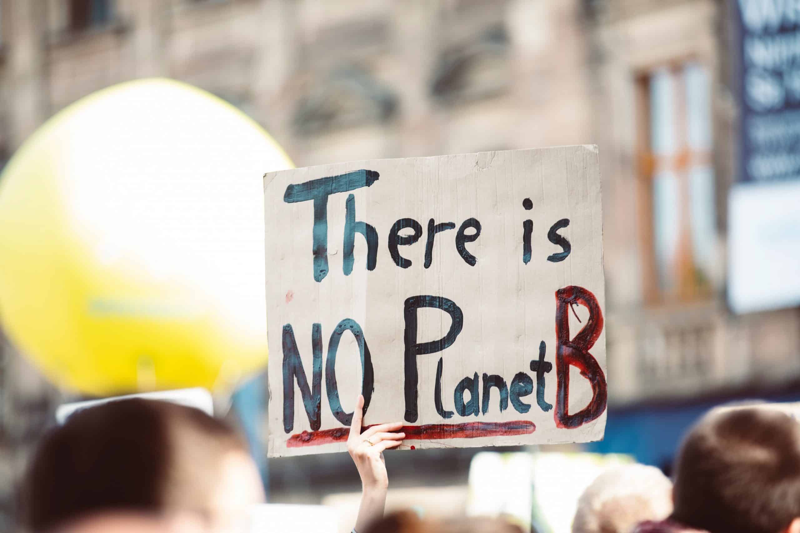 Mensch hält Schild hoch mit dem Titel "There is no planet B"