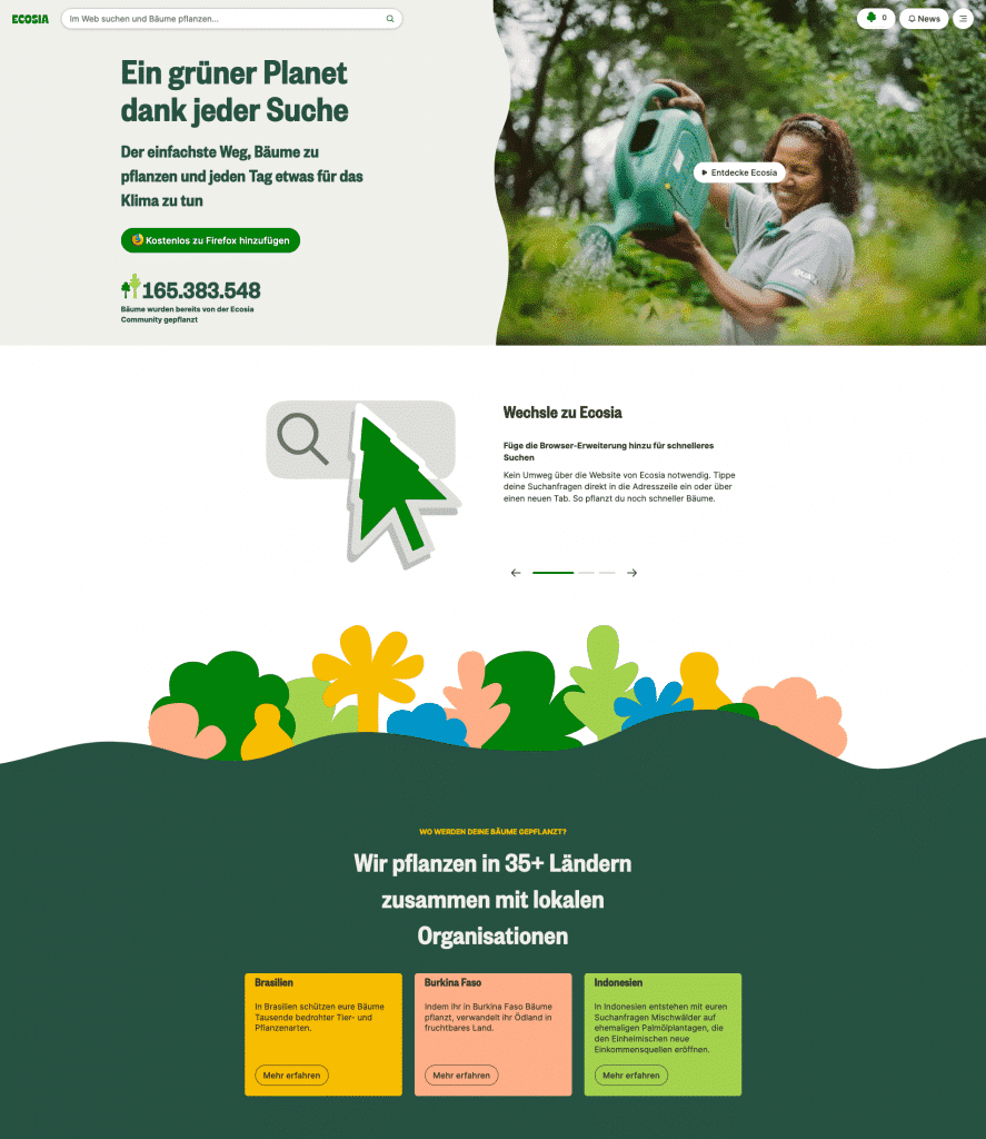 Ecosia, eine Suchmaschine für mehr Nachhaltigkeit im Internet.